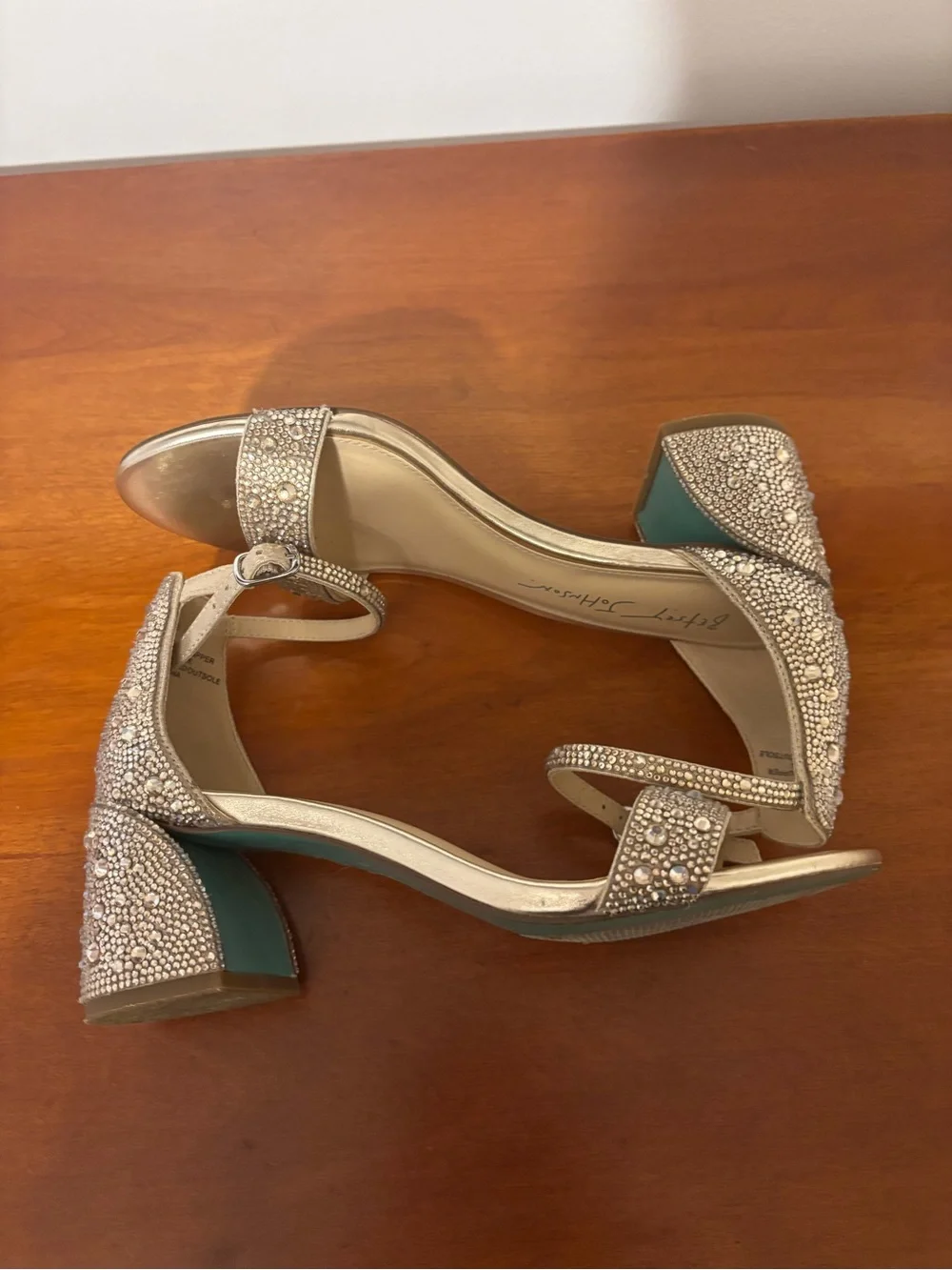 Betsey Johnson Champagne Gold Crystal Block Heel Sandals